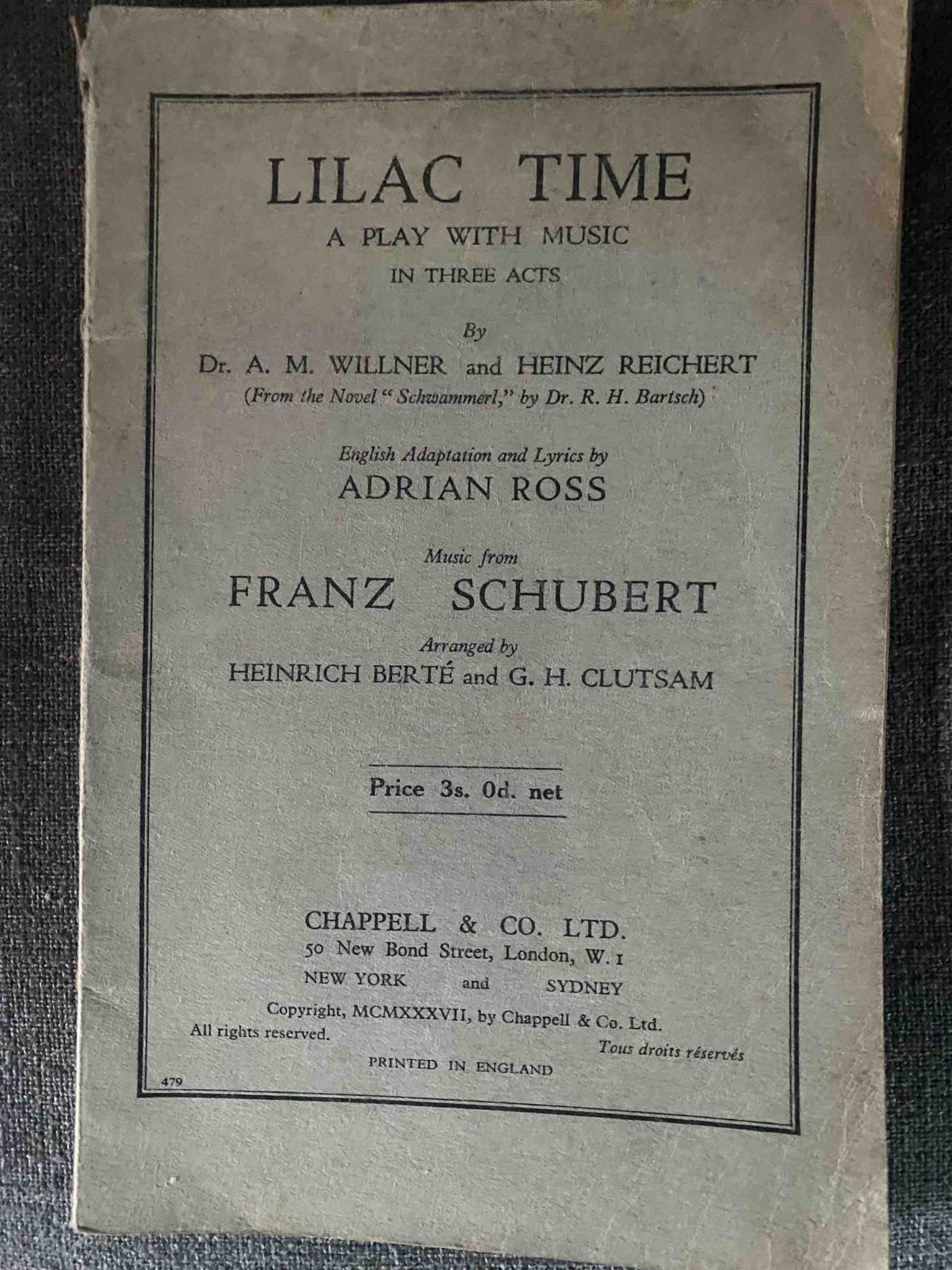 LILAC TIME by A M Willner, Heinz Reichert & Franz Schubert - LIBRETTO