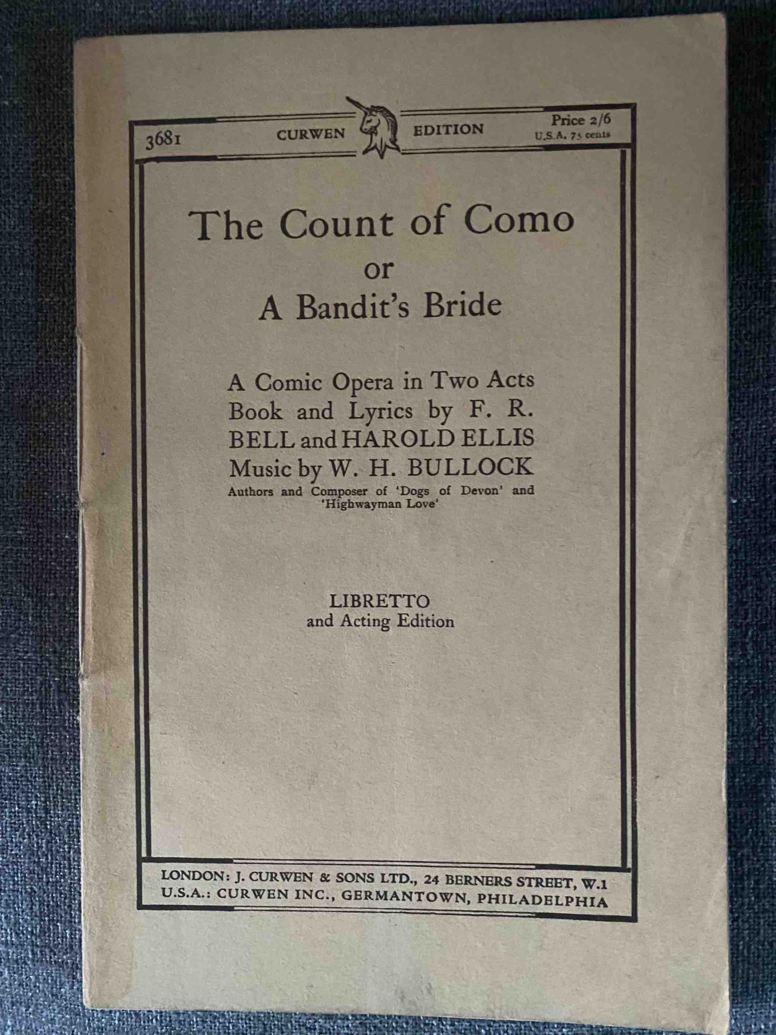 COUNT OF COMO, THE by W H Bullock, F R Bell & Harold Ellis - LIBRETTO